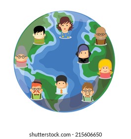 Set of cute avatar icons on the globe