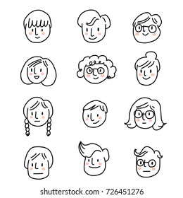 Set of cute avatar icons for using as face icons or profile pictures in social network sites. Doodled face icons on white background. Vector illustration with hand-drawn style.