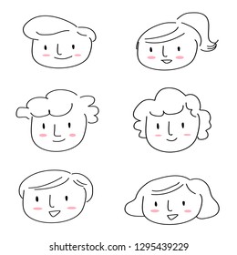 Set of cute avatar, profile picture or face icon such as boy with curly hair, girl with ponytail, woman with bob hairstyle, man with short haircut. Doodled face icons isolated on white background.