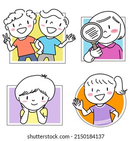 Set Of Cute Avatar, Profile Picture Or Face Icon Such As Little Girl Using Magnifying Glass, Two Cheerful Boys Greeting, Shy Boy Smiling, Happy Girl Grinning, Icons For Using In Social Network Sites.