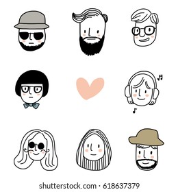 Conjunto de adorables avatares o fotos de perfil para redes sociales como hombre con gafas de sol y sombrero panama, hombre bigote gracioso, mujer linda nerdy, muchacha sonriente con auriculares, apuesto hipster con barba.