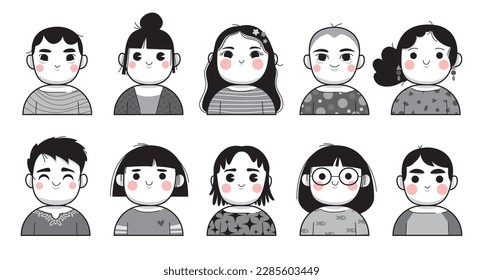 Set of cute avatars, black and white illustration of smiling children with pink cheeks, collection of different haircuts