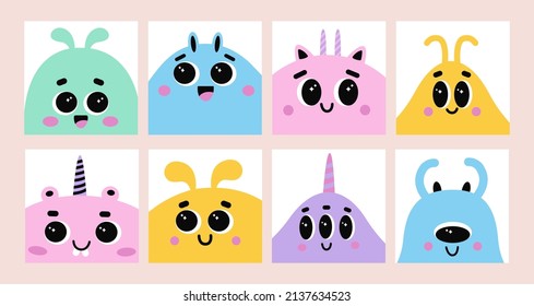 Set of cute avatars with happy mosters. Bizzare kind characters in flat style. Portraits with adorable childish creatures in pastel colors. Hand drawn user pictures with comic beasts