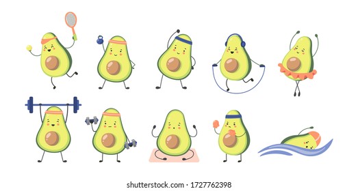 Set of Cute Avocado character playing sports - gym, tennis, ballet, swimming, yoga, box, jump rope. Vector illustration isolated on white background for web.