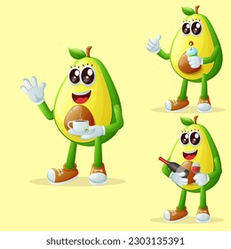 Set of cute avocado characters enjoying beverages. Perfect for kids, merchandise and sticker, banner promotion or blog
