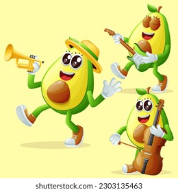 Set of cute avocado characters playing musical instruments. Perfect for kids, merchandise and sticker
