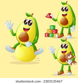 Set of cute avocado characters playing with kid toys. Perfect for kids, merchandise and sticker, banner promotion or blog
