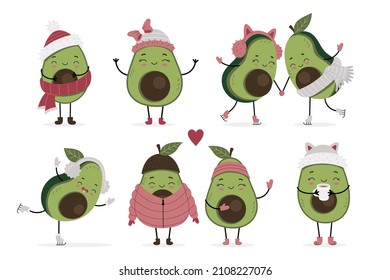 Set of cute avocado characters in winter clothes. Winter activity. Printable print for clothes, posters, notebooks, postcards. Cartoon isolated illustration on white background