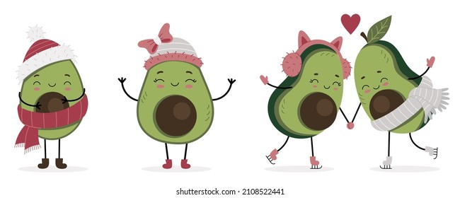 Set of cute avocado characters in winter clothes. Winter activity. Printable print for clothes, posters, notebooks, postcards. Cartoon isolated illustration on white background