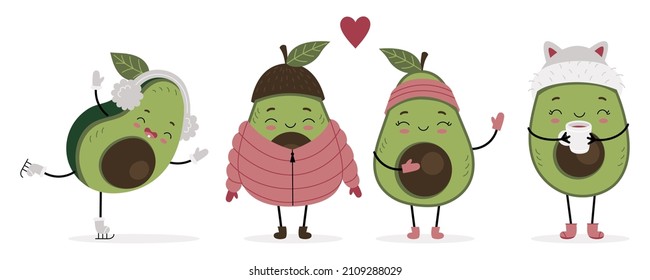 Juego de personajes adorables de aguacate con ropa de invierno. Actividad invernal. Impresión para ropa, carteles, cuadernos, postales. Dibujo aislado de dibujos animados sobre fondo blanco