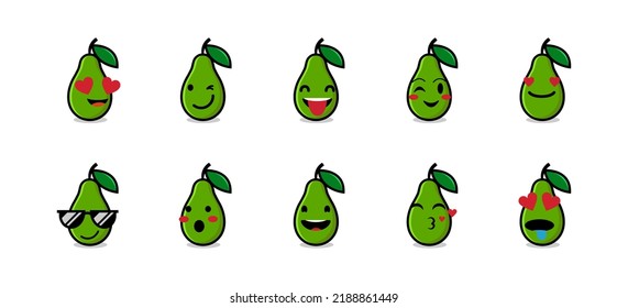 Set of cute avocado emojis. Vector illustration isolated on white background