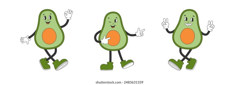 Set of cute avocado in groovy style. Cartoon characters in trendy retro style. Isolated vector illustration. 