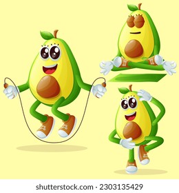 Set of cute avocados character exercising. Perfect for kids, merchandise and sticker, banner promotion or blog
