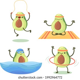 Set with cute avocados doing sports, yoga, hula hoop twisting, jumping rope, swimming in the pool.Beautiful with a green set of cute avocados on a white background for a lifestyle design.