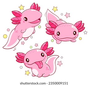 Set of cute axolotl  in kawaii style. Collection of lovely axolotl baby in different poses. Can be used for t-shirt print, sticker, greeting card design. Vector illustration EPS8