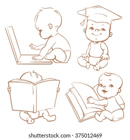 Set with cute babies in diapers. Genius little boy reading book. Toddler in graduate cap. Baby with computer. Concept of  development of abilities of child .Monochrome vector. Sketchy style.