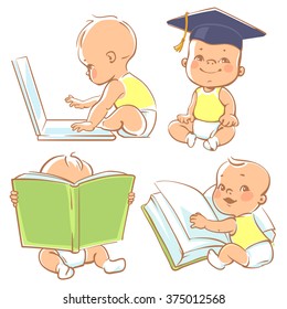 Set with cute babies in diapers. Genius little boy reading book. Toddler in graduate cap. Baby with computer. Concept of  development of abilities of child and investment in the future of baby.