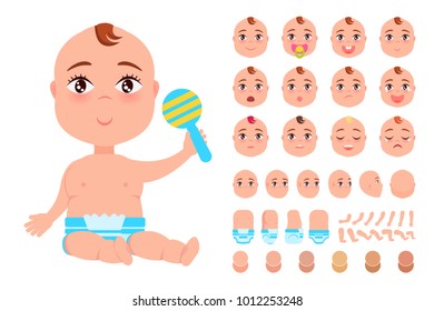 Set of cute babies faces with different emotions, colorful vector illustrations isolated on white backdrop, blue rattle, varied color hair and skin