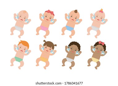 Set of cute babies illustration set, unhappy babies crying