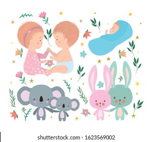 Set of cute babies koalas and rabbits design, Child newborn childhood kid innocence and little theme Vector illustration