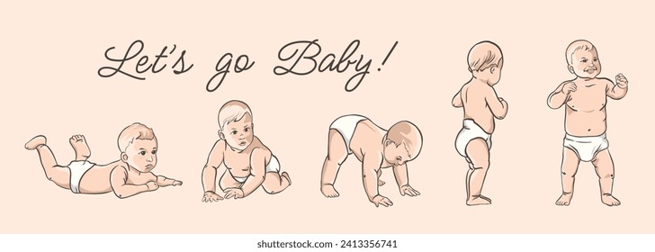 Set of cute babies on beige background