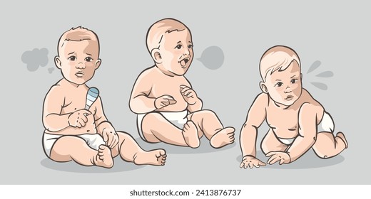 Set of cute babies on grey background