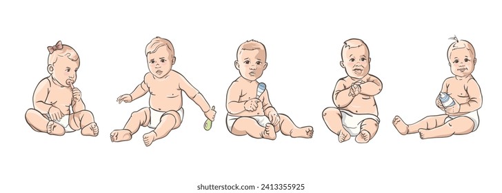 Set of cute babies on white background
