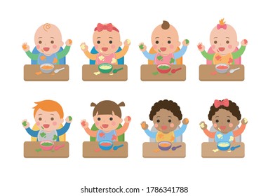 Set of cute babies and their daily illustrations, babies eat baby food and get their hands dirty