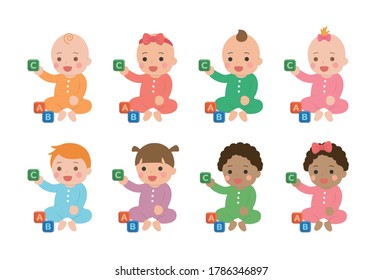 Set of cute babies and their daily illustrations, babies are playing with toys and building blocks