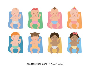 Set of cute babies and their daily illustrations, baby sleeping on blanket