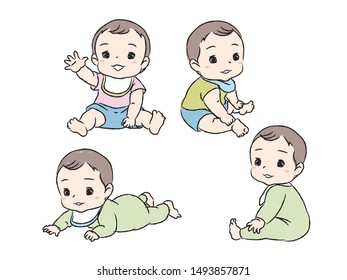 Set with cute babies. Various poses of baby under the age of one. Vector illustration.