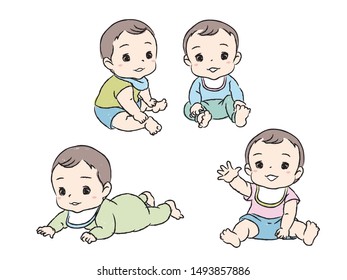 Set with cute babies. Various poses of baby under the age of one. Vector illustration.