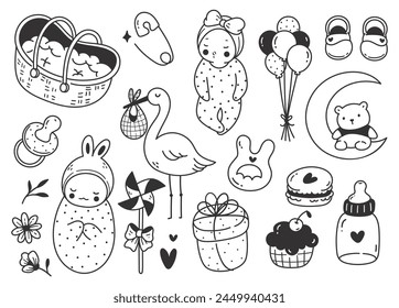 set of cute baby accessories doodle line art