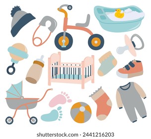 Set of cute baby accessory. Set of Cute Elements for a Newborn baby . Isolated on white background