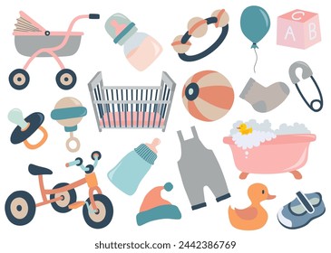 Set of cute baby accessory. Set of Cute Elements for a Newborn baby . Isolated on white background