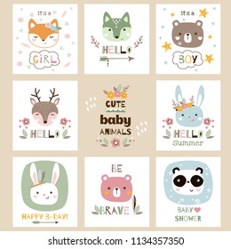Set of cute baby animal cards vector illustration. Print for t shirts