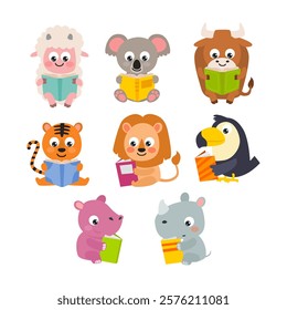 Set of cute baby animal reading book collection, Cartoon funny characters holding open books, smart sheep, koala, buffalo, tiger, lion, toucan, rhino, hippopotamus. Children educational illustration