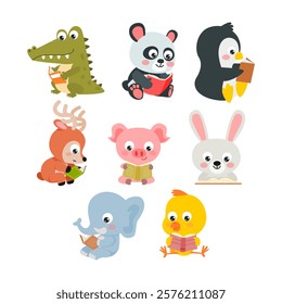 Set of cute baby animal reading book collection, Cartoon funny characters holding open books, smart crocodile, panda, penguin, deer, pig, rabbit, elephant, chick. Children educational illustration