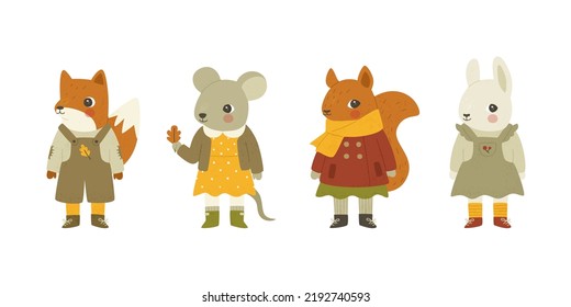 Set of cute baby animals in autumnal clothes. Cartoon dressed animals collection.