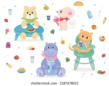 Set of cute baby animals. Bear, mouse, cat and hippo at table eat porridge or vegetables and drink milk from bottle. Design elements for printing on children clothing. Cartoon flat vector collection