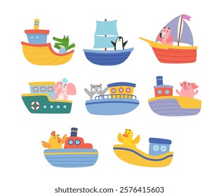 Set of cute baby animals boating collection, Funny cartoon animal on boat ship yacht submarine. Captain Ocean adventures, sailing characters in costumes with crocodile, penguin, flamingo, elephant.