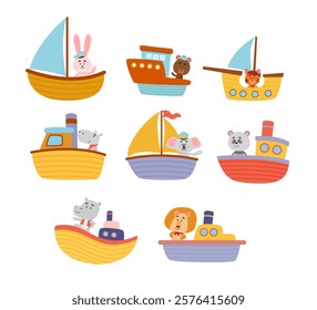 Set of cute baby animals boating collection, Funny cartoon animal on boat ship yacht submarine. Captain Ocean adventures, sailing characters in costumes with rabbit, bear, lion, koala, panda, rhino.