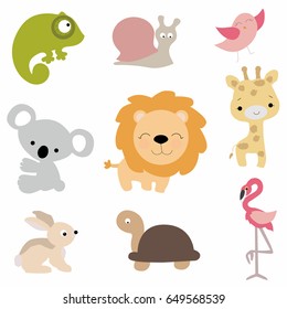 set of cute baby animals in cartoon style. collection of stickers of badges and labels funny animals. pattern to decorate or design greetings or scrapbook. vector illustration. baby shower