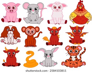 Set of cute baby animals of Chinese new year mascots. Graphic line vector illustration isolated. CNY lunar lantern festival colored
