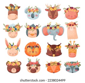 Set of cute baby animals in flower wreaths. Portraits of lovely koala, cat, sheep, bird, lion, giraffe, panda cartoon vector illustration