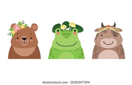 Set of Cute Baby Animals in Headdresses, Lovely Bear, Frog, Cow in Headgears Cartoon Vector Illustration