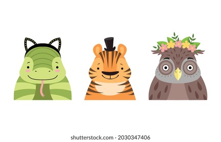 Set of Cute Baby Animals in Headdresses, Lovely Snake, Tiger, Owl in Stylish Headgears Cartoon Vector Illustration