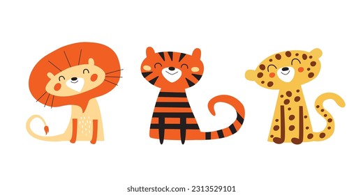 Set of cute baby animals: lion, tiger, leopard. Happy wild jungle kittens. Sweet cartoon character, hand drawn vector illustration for kids, isolated. Flat design.  