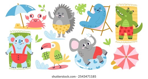 Set of cute baby animals taking rest and relaxing on sunny summer beach enjoying vacation time and holidays. Crab, hedgehog, koala, crocodile, elephant, parrot and fur seal funny characters sunbathing