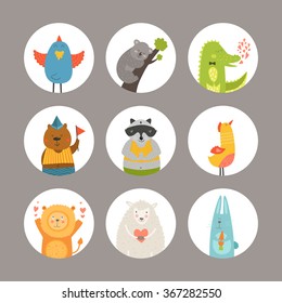 Set of cute baby animals. Vector bird, koala, bear, lion, rabbit, bunny, sheep, crocodile, raccoon